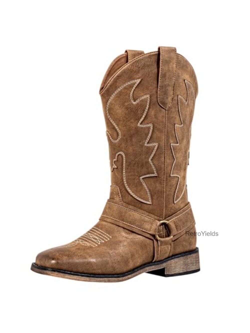 Wide Calf Cowboy Boots Hidden Elastic Square Toe Faux Leather Western